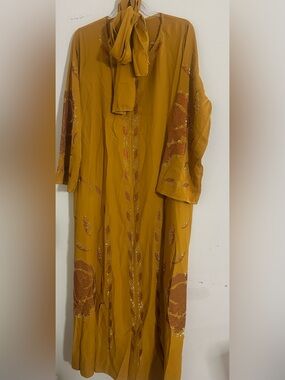 Mustard Embellished Long Women’s Dress with Neck Tie